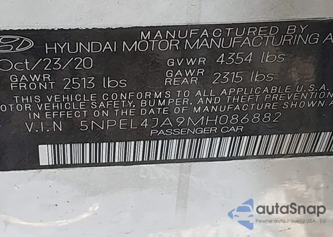 2021 Hyundai Sonata Sel z USA, uszkodzony, nr VIN 5NPEL4JA9MH086882